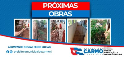 A Prefeitura Municipal de Carmo-RJ, através da Secretaria Municipal de Obras, Habitação e Infraestrutura informa a população que as obras de contenção de taludes nas ruas Adalberto Pires da Silva – Morro do Estado e Rua Manoel Schettino, Nº 136.