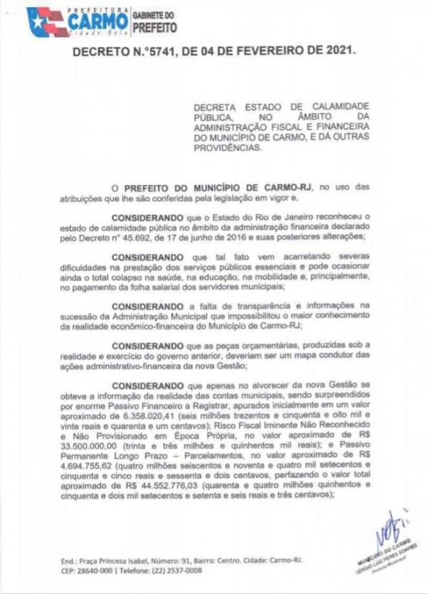 Prefeito de Carmo decreta estado de Calamidade P&uacute;blica Financeira