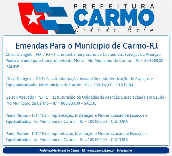 MUNICÍPIO RECEBE EMENDAS PARLAMENTARES