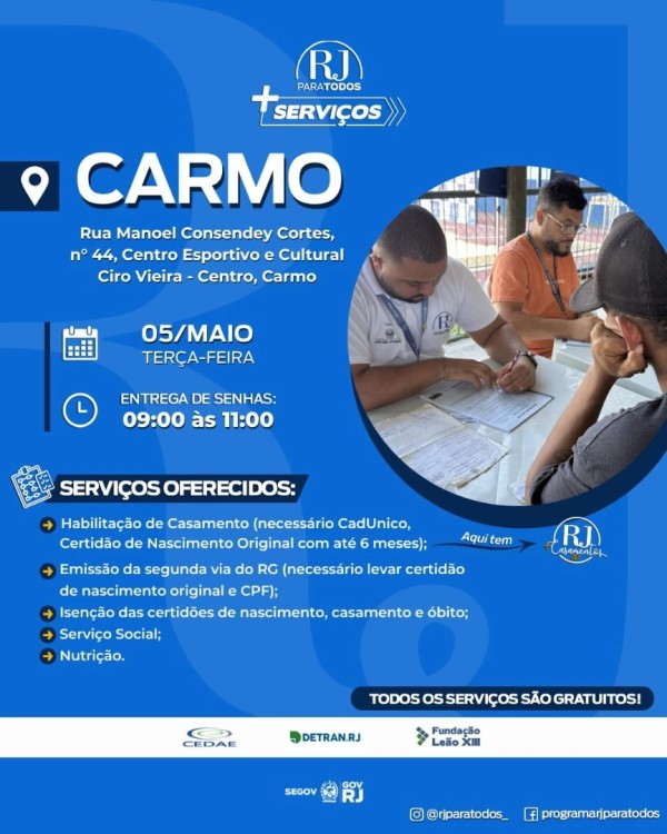 A Prefeitura Municipal de Carmo informa que o munic&iacute;pio receber&aacute; o programa RJ para Todos + Servi&ccedil;os