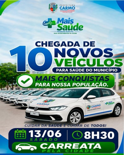Amanhã é dia de mais uma grande conquista para a saúde do nosso município! 10 novos veículos 0 km qu