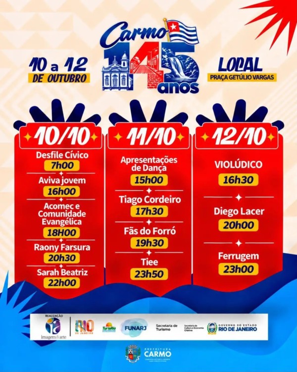 ✨ATEN&Ccedil;&Atilde;O, CARMO! A PROGRAMA&Ccedil;&Atilde;O FOI ATUALIZADA! Para deixar a comemora&ccedil;&atilde;o dos 145 anos de Carmo ainda